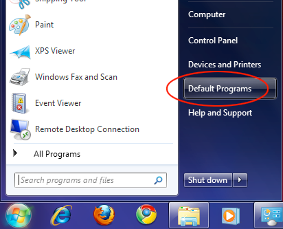 Відкрити розділ «Програми за замовчуванням» в панелі управління Windows, вибравши меню Пуск → Програми за замовчуванням (Start Menu → Default Programs)