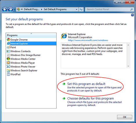 Користувач може вибрати опцію «Використовувати цю програму за замовчуванням» ( «Set this program as default»), щоб зробити Internet Explorer додатком за замовчуванням для всіх підтримуваних типів файлів і протоколів