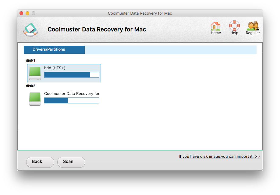 Вибір файлів для відновлення і попередній перегляд   Вибір диска для сканування на Mac OS X   Вікно додатка Coolmuster Data Recovery 2
