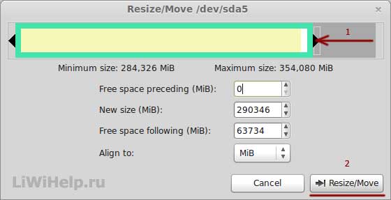 Пересуваючи повзунок, зменшуємо наш Диск D, звільняючи на ньому місце для установки операційної системи Linux Mint і натискаємо на кнопку «Resize / Move»