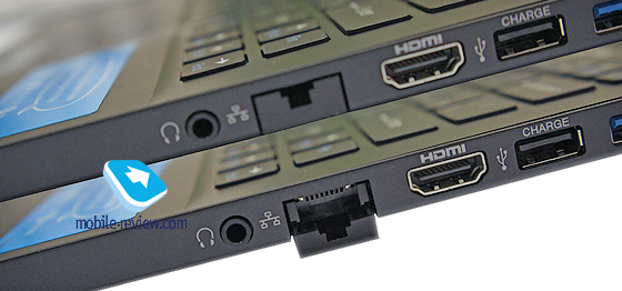 Ось, що тут є: два USB (один з можливість зарядки гаджетів, коли ноутбук в сплячому режимі), два слоти для карт пам'яті microSD і Memory Stick, вхід для блоку живлення, роз'єм VGA для підключення монітора, HDMI, Ethernet, миниджек